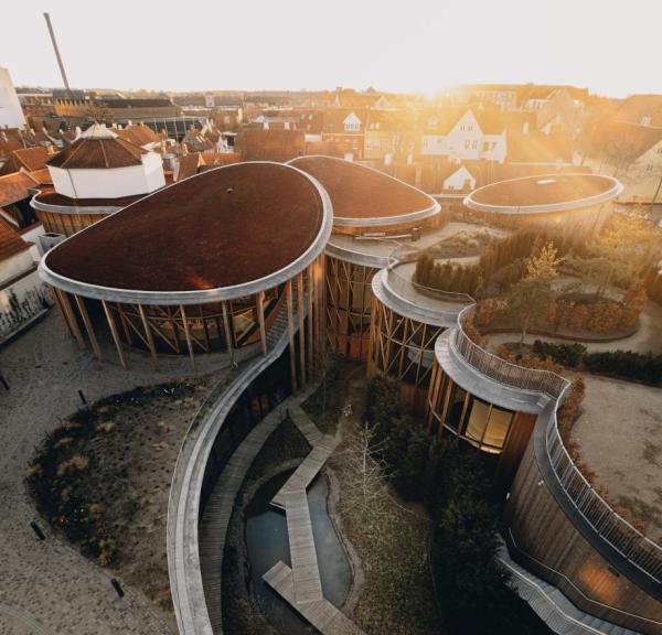 Dronebillede af H.c. Andersens hus museum. Store buede bygninger med haver på tagene. 